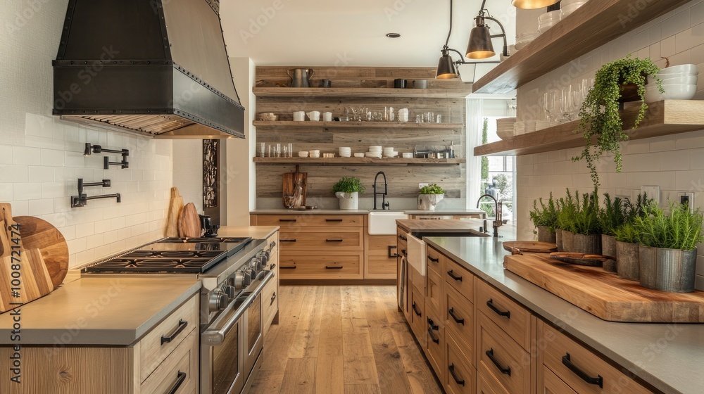 A stylish kitchen with a blend of modern and rustic elements A stylish kitchen with a blend of modern and rustic elements
