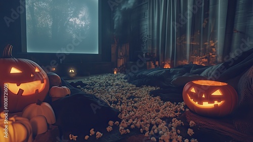 A cozy Halloween movie marathon setup with friends, featuring classic horror films and plenty of popcorn. photo