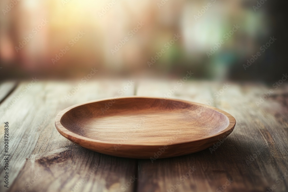 Empty wooden plate on wood table. Soft blurry background, of free space for your copy and branding. Use as products display montage. Vintage style concept. - generative ai Empty wooden plate on wood table. Soft blurry background, of free space for your copy and branding. Use as products display montage. Vintage style concept. - generative ai