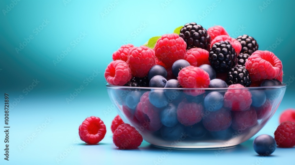 A plate with blueberries, raspberries, and blackberries on a blue background A plate with blueberries, raspberries, and blackberries on a blue background