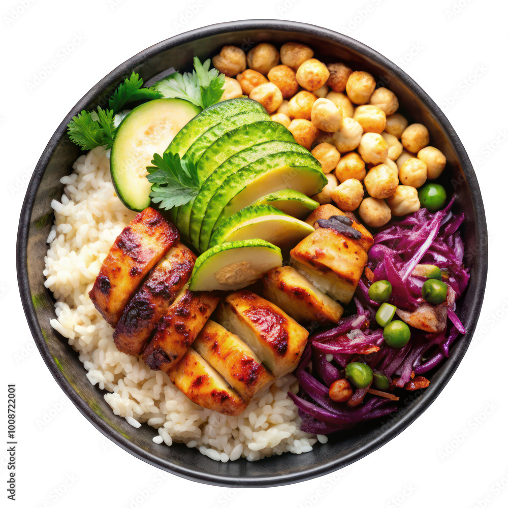 Grilled chicken, rice, spicy chickpeas, avocado, cabbage on transparent background Grilled chicken, rice, spicy chickpeas, avocado, cabbage on transparent background