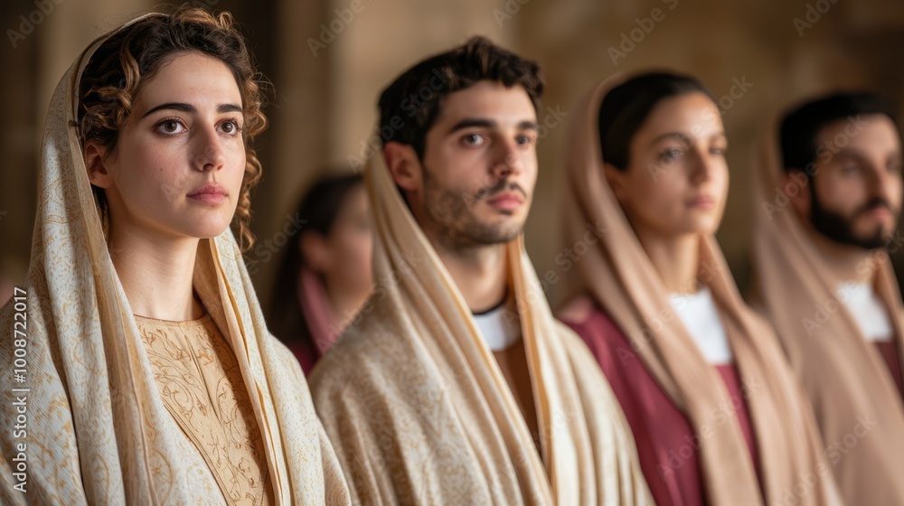 A group of individuals wearing traditional robes, showcasing a moment of contemplation, set against an ancient backdrop. A group of individuals wearing traditional robes, showcasing a moment of contemplation, set against an ancient backdrop.