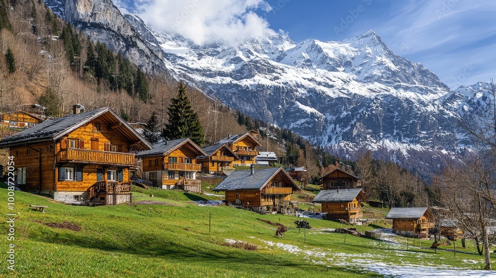 Scenic view of traditional wooden houses nestled in a picturesque valley surrounded by majestic snow-capped mountains. Scenic view of traditional wooden houses nestled in a picturesque valley surrounded by majestic snow-capped mountains.