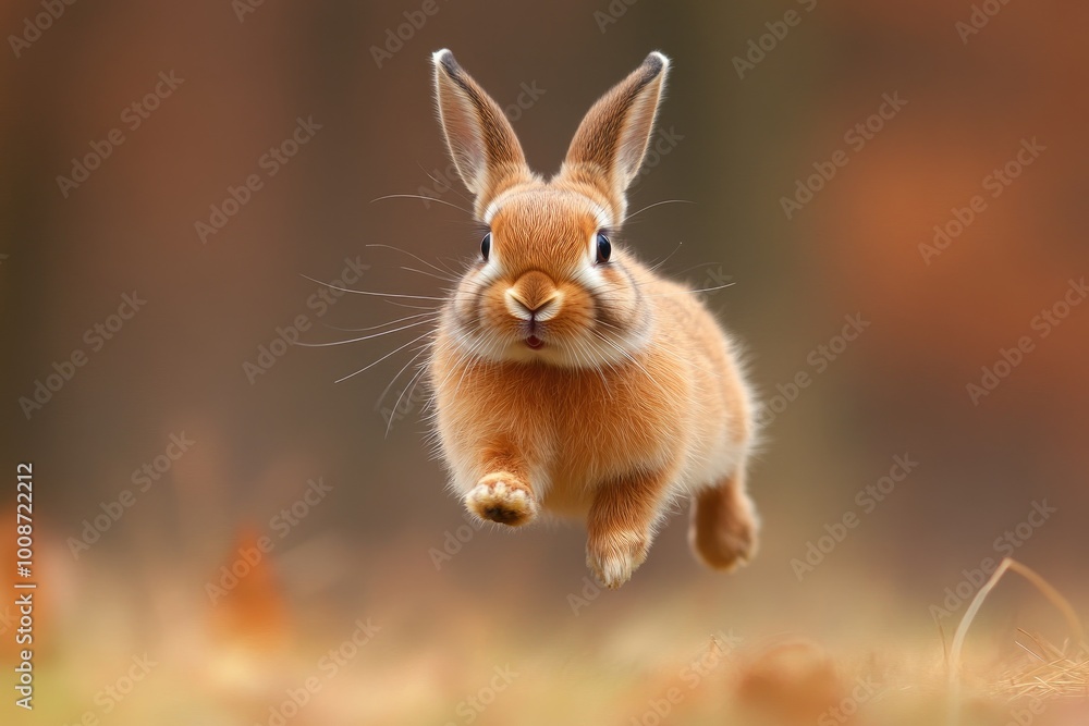 Fototapeta premium A brown rabbit leaps through the air. Perfect for springtime or Easter-themed projects.