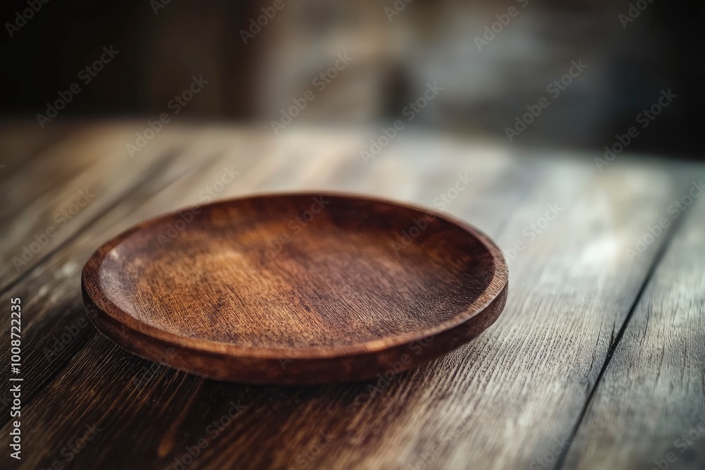 Empty wooden plate on wood table. Soft blurry background, of free space for your copy and branding. Use as products display montage. Vintage style concept. - generative ai Empty wooden plate on wood table. Soft blurry background, of free space for your copy and branding. Use as products display montage. Vintage style concept. - generative ai