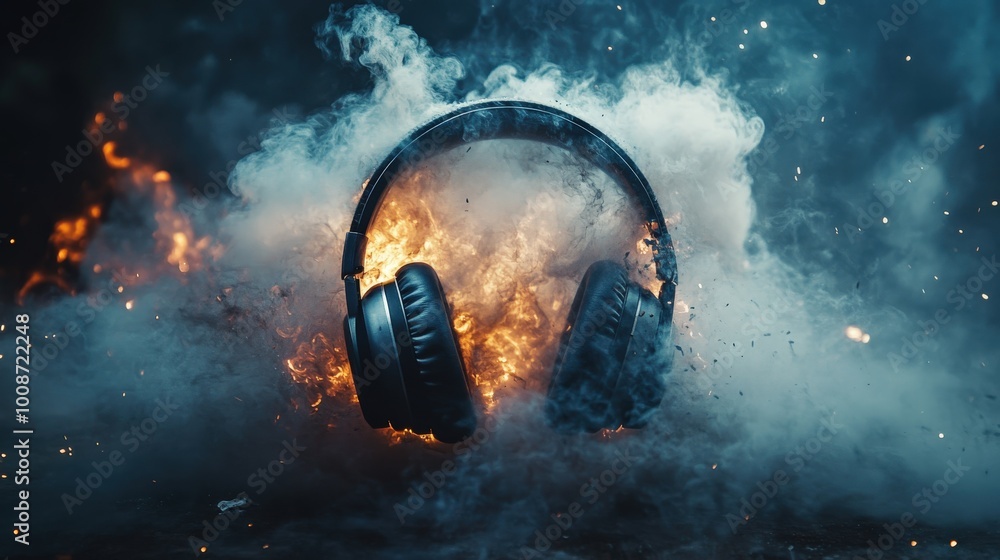 In a striking display, headphones engulfed in smoke and flames create a chaotic scene as they explode, highlighting the intensity of the moment In a striking display, headphones engulfed in smoke and flames create a chaotic scene as they explode, highlighting the intensity of the moment