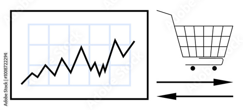 A graph with rising data points represents economic growth beside it, a shopping cart icon with arrows indicates market trends. Ideal for business, finance, market analysis, sales growth, economic
