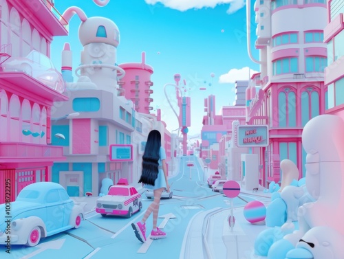 Fototapeta Naklejka Na Ścianę i Meble -  A girl in a pink three-dimensional city 3D abstraction