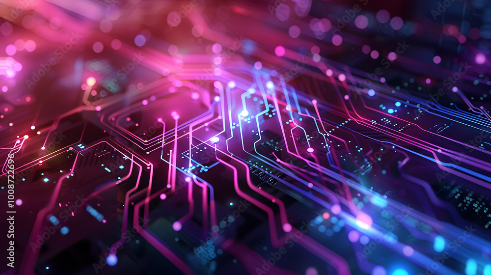 A closeup view of a futuristic circuit board with neon lights and digital connections, highlighting advanced technology. The design showcases innovation and modern electronics A closeup view of a futuristic circuit board with neon lights and digital connections, highlighting advanced technology. The design showcases innovation and modern electronics