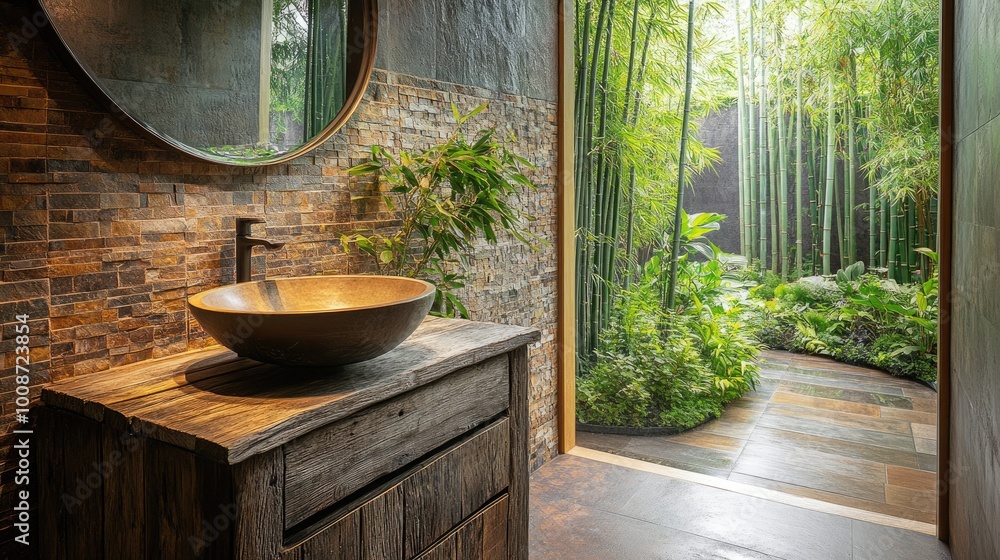 A stylish rustic bathroom featuring a vessel sink on a reclaimed wood vanity A stylish rustic bathroom featuring a vessel sink on a reclaimed wood vanity