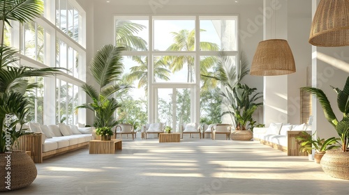 Spacious interior with natural light, tropical plants, and modern decor, creating a serene and inviting atmosphere.