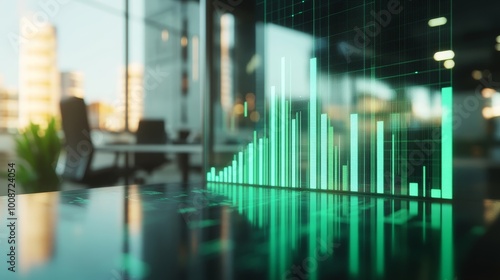 A digital financial graph reflecting through an office table from a glass surface, market growth, upwards trajectory, trade and stocks