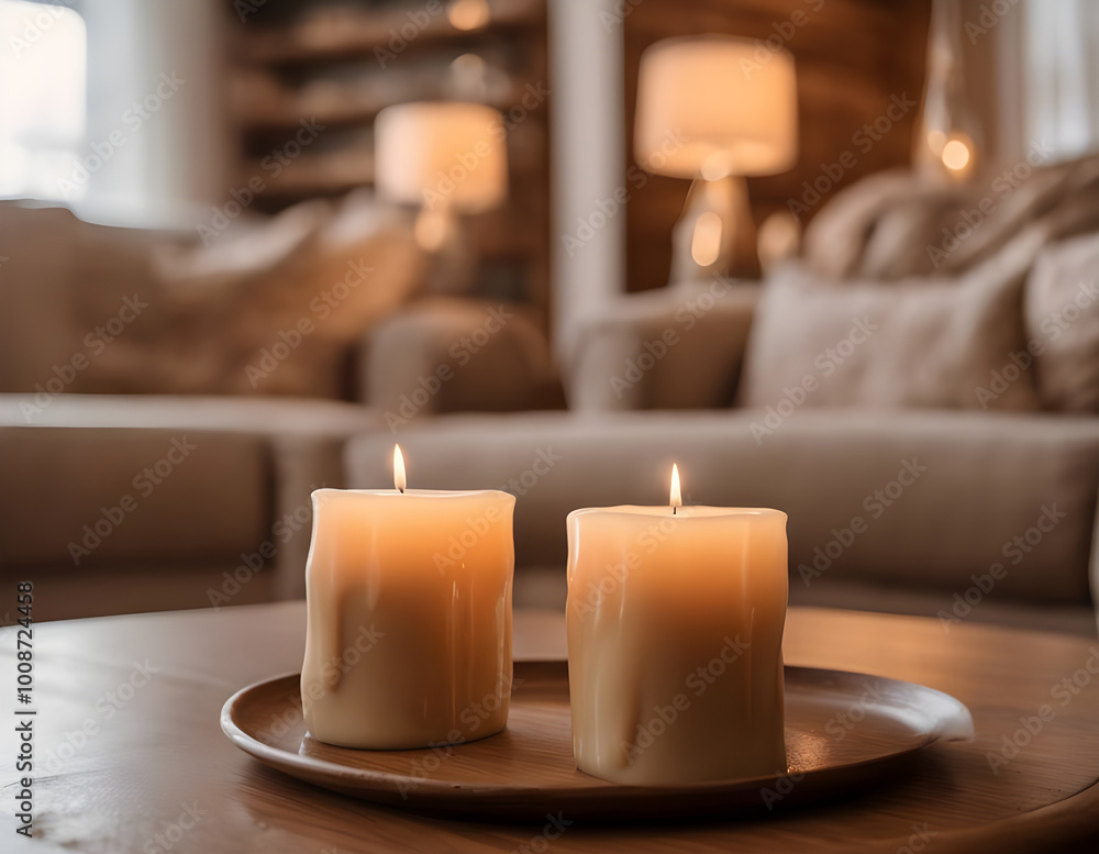 Candles against the background of a cozy room. Wax, fire. Festive atmosphere. Interior, holiday Candles against the background of a cozy room. Wax, fire. Festive atmosphere. Interior, holiday