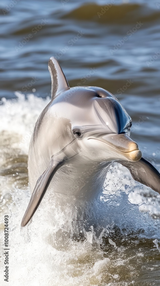 Fototapeta premium A dolphin leaps from the water, showcasing its playful nature and agility.