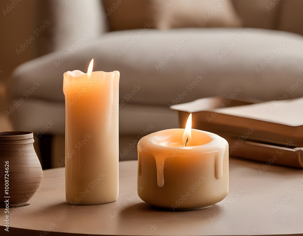 Candles against the background of a cozy room. Wax, fire. Festive atmosphere. Interior, holiday Candles against the background of a cozy room. Wax, fire. Festive atmosphere. Interior, holiday