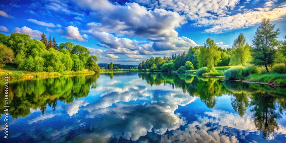 Tranquil Watercolor Painting of a Serene Lake with Lush Greenery and Soft Blue Sky Reflections
