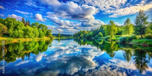 Tranquil Watercolor Painting of a Serene Lake with Lush Greenery and Soft Blue Sky Reflections