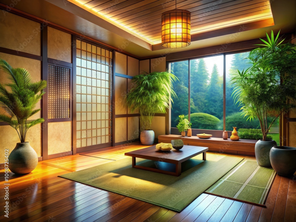 Fototapeta premium Tranquil Zen Room Background with Minimalist Decor, Soft Lighting, and Natural Elements for Relaxation