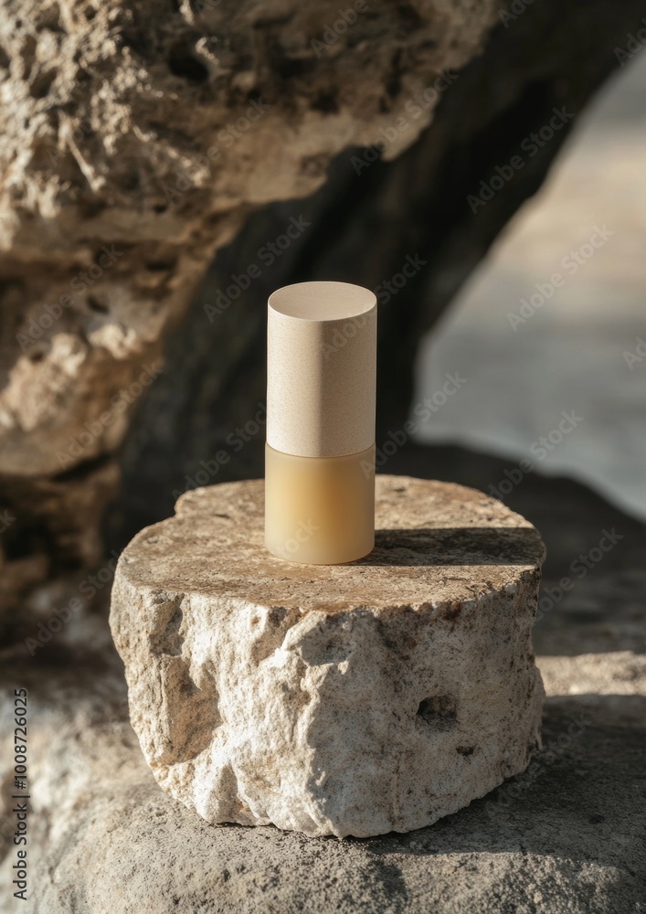 A bottle of lotion is sitting on a stone ledge A bottle of lotion is sitting on a stone ledge
