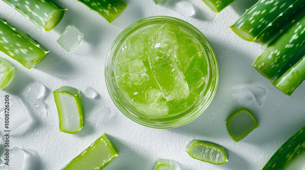 Obraz premium Close-up of fresh aloe vera leaves, cut pieces, and a jar of bright green gel. Everything is arranged on a white background, highlighting the natural and pure beauty of aloe vera for skincare.