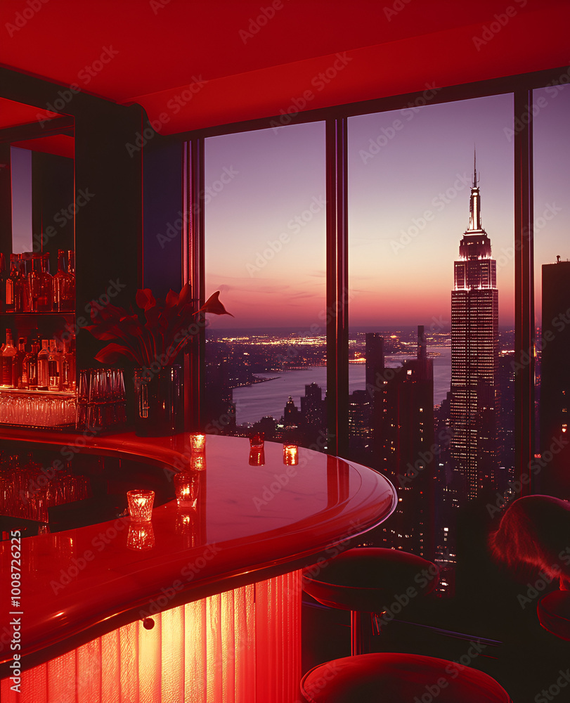 A bar in the penthouse of an apartment on the top floor, with red ...