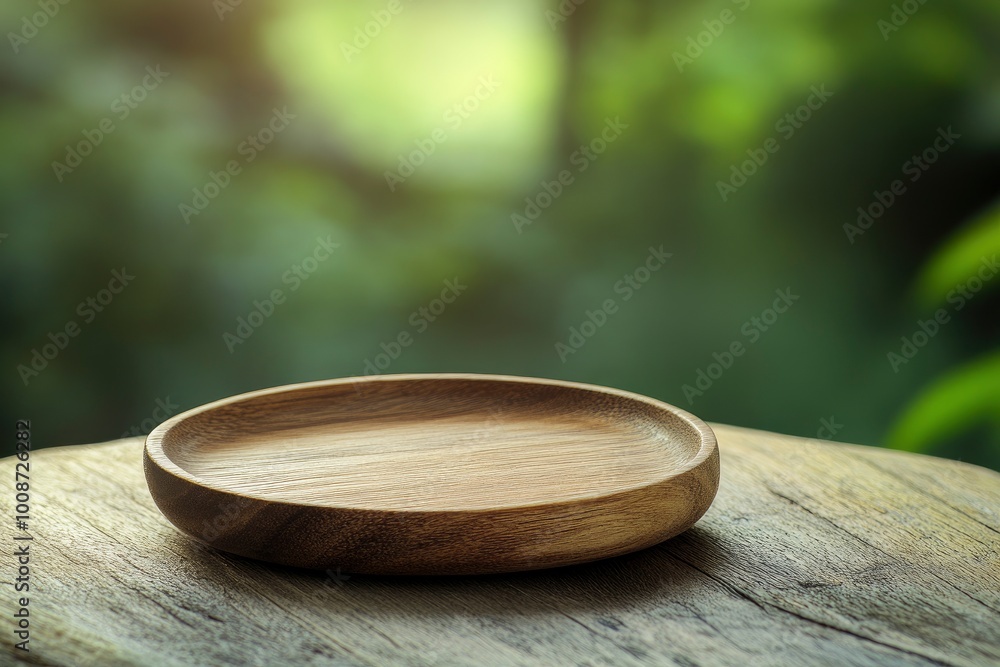 Empty wooden plate on wood table. Soft blurry background, of free space for your copy and branding. Use as products display montage. Vintage style concept. - generative ai Empty wooden plate on wood table. Soft blurry background, of free space for your copy and branding. Use as products display montage. Vintage style concept. - generative ai