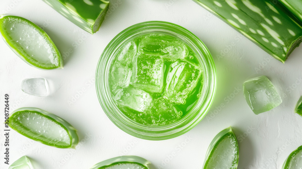 Obraz premium Close-up of fresh aloe vera leaves, cut pieces, and a jar of bright green gel. Everything is arranged on a white background, highlighting the natural and pure beauty of aloe vera for skincare.