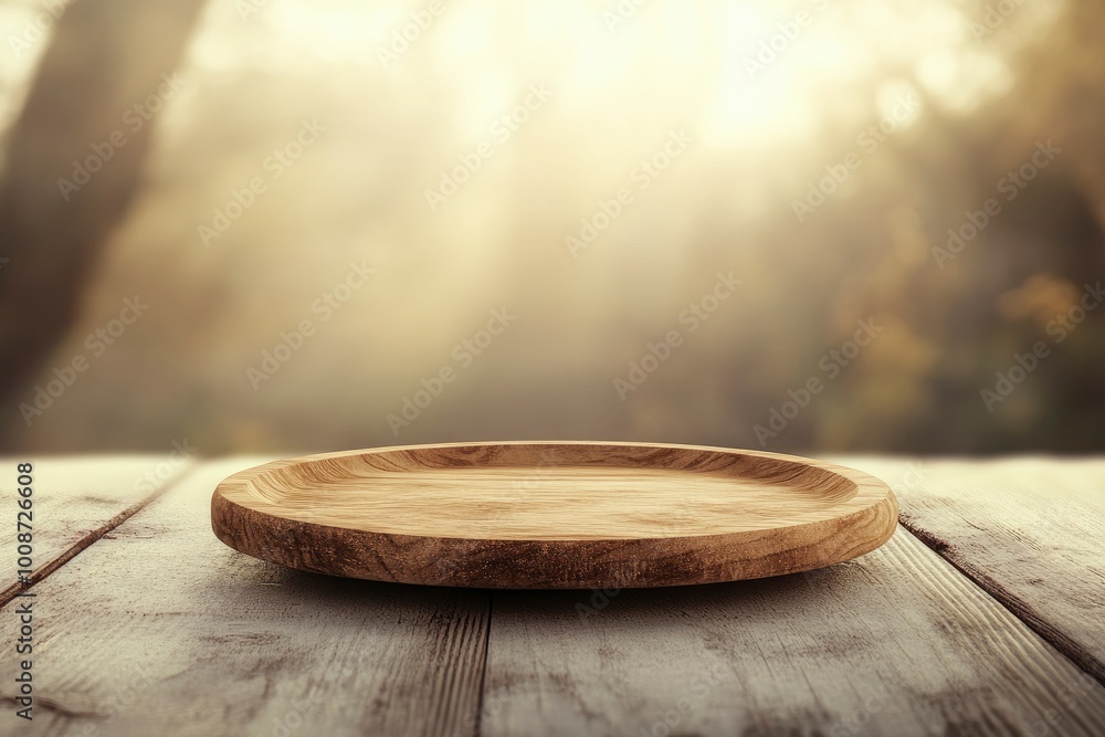 Empty wooden plate on wood table. Soft blurry background, of free space for your copy and branding. Use as products display montage. Vintage style concept. - generative ai Empty wooden plate on wood table. Soft blurry background, of free space for your copy and branding. Use as products display montage. Vintage style concept. - generative ai