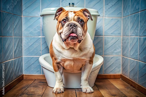 Ultra HD English Bulldog Sitting on a Toilet in a Humorous Domestic Setting with Playful Vibes photo