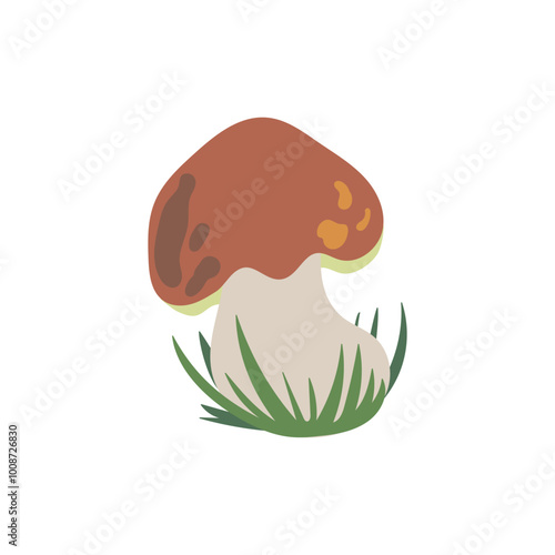 Beautiful edible porcini boletus edulis mushroom in grass isolated on white background. Hand drawn vector flat illustration, Silent mushroom hunting, autumn symbol