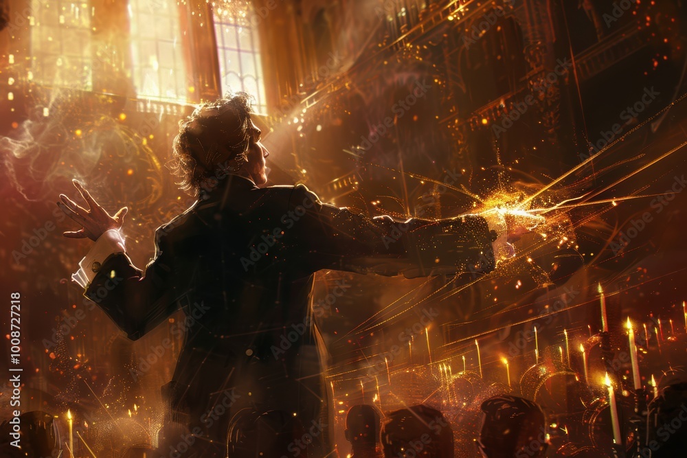 Fototapeta premium A conductor leads a glowing symphony, with sparkling musical notes filling the air.
