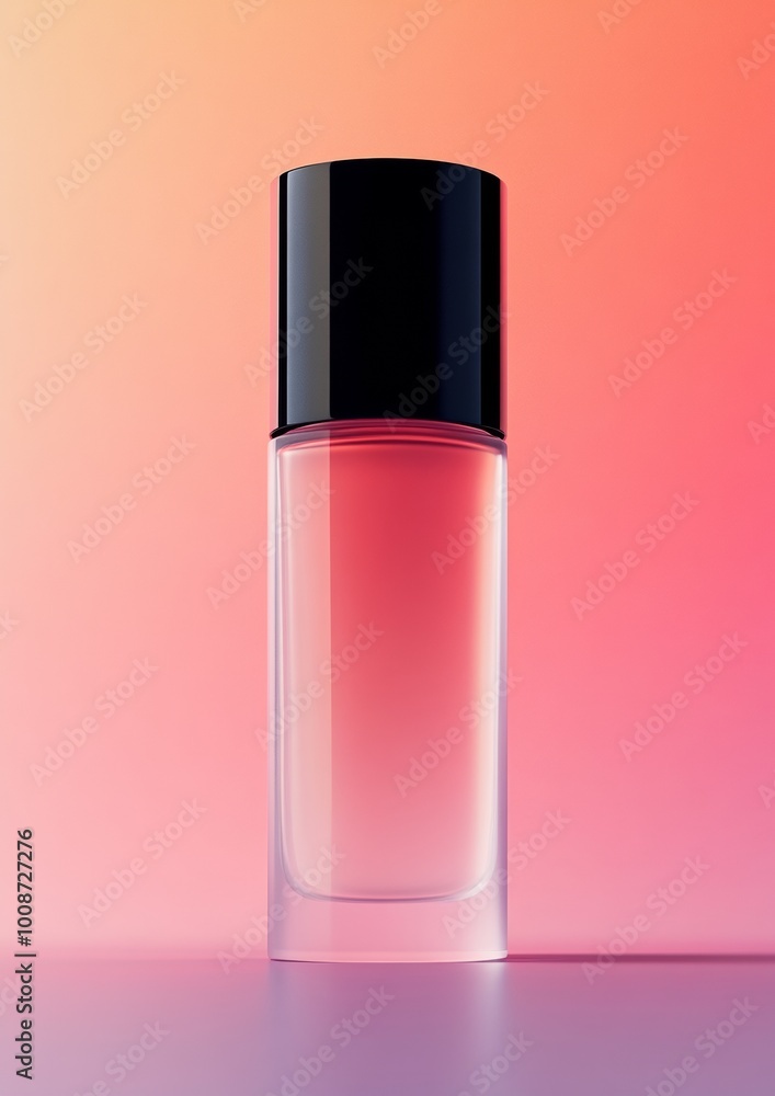 A bottle of perfume is shown in a clear glass A bottle of perfume is shown in a clear glass
