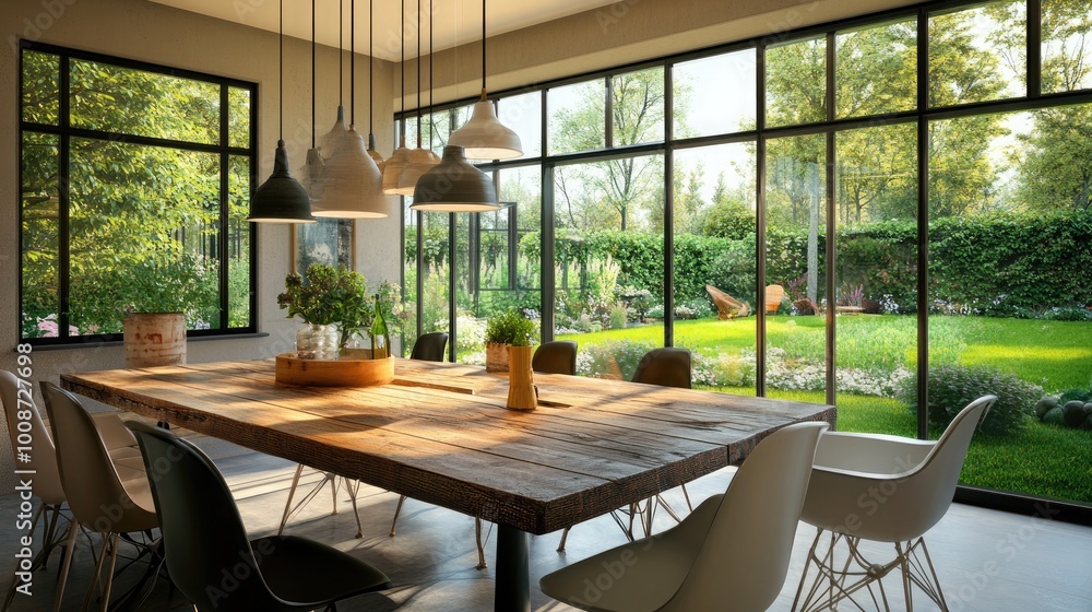 An airy dining room with a rustic wooden table An airy dining room with a rustic wooden table