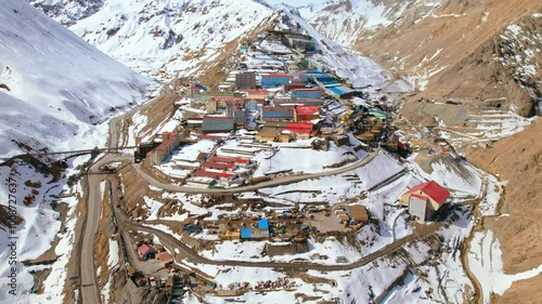 Andean Cordillera Mining Town Sewell, Chilean Snowy Mountains Aerial Top Down View