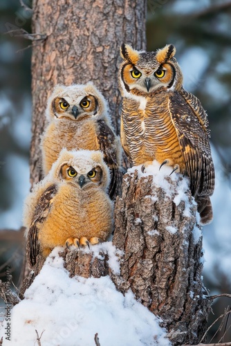 Three owls perched on a snow-covered tree stump in a winter setting.