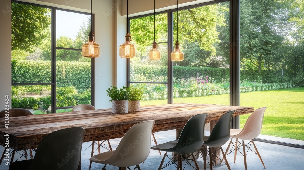 Fototapeta premium An airy dining room with a rustic wooden table