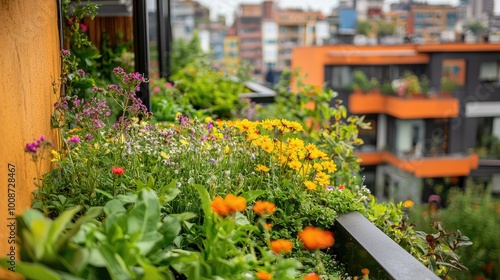 Vibrant balcony garden showcasing colorful flowers and greenery against a modern city backdrop, perfect for urban gardening inspiration.