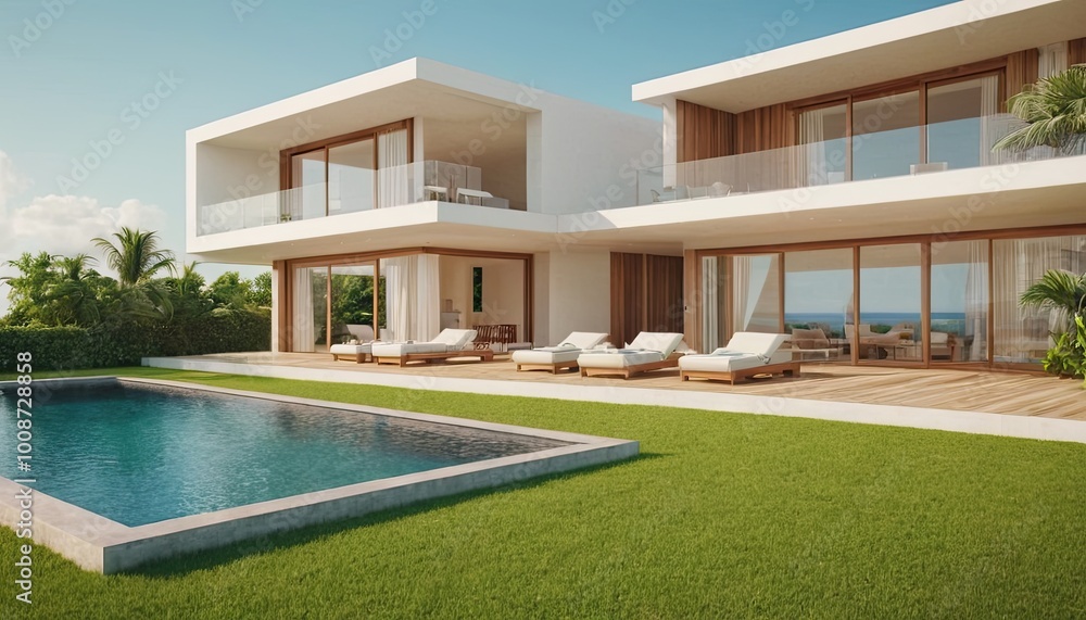 Modern house with large glass window and flat roof, surrounded by greenery. In front of it is an outdoor pool with sun loungers. In the background are hills and trees under a clear sky 1 Modern house with large glass window and flat roof, surrounded by greenery. In front of it is an outdoor pool with sun loungers. In the background are hills and trees under a clear sky 1