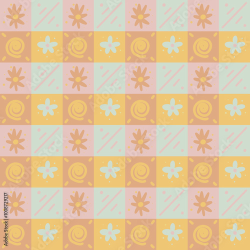 Checkered flower plaid seamless pattern. Hand drawn flower checkered seamless pattern. Orange checkered Print for cloth design, textile, fabric. Cute plaid orange seamless pattern