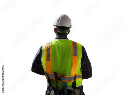 Construction worker in high-visibility vest and hard hat from behind on Transparent Background