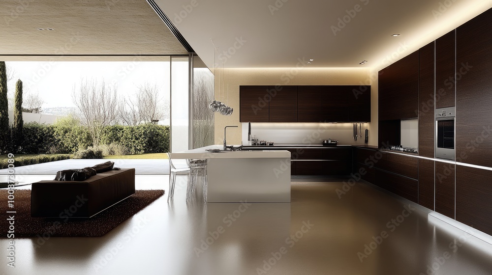 Modern kitchen with white island and brown cabinets. This photo is ...