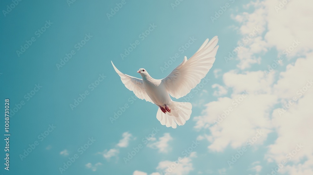 Fototapeta premium A white dove glides effortlessly through a clear blue sky, its wings outstretched. The bright daylight enhances the sense of peace and tranquility in the atmosphere