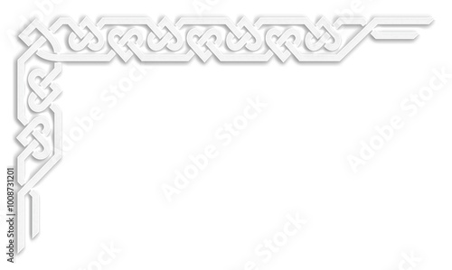 Celtic L-shaped frame with hearts, white. Linear border made with Celtic knots, which looks like a plaster ornament, for use in St. Patrick's Day designs.