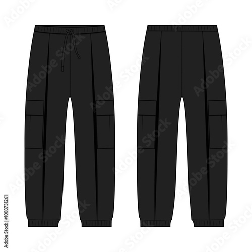 Trouser pants technical fashion flat sketch vector illustration black color template front and back view.