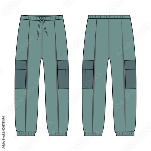 Trouser pants technical fashion flat sketch vector illustration green color template front and back view.