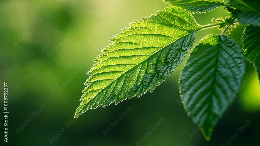 A close-up of a green leaf illuminated by sunlight A close-up of a green leaf illuminated by sunlight