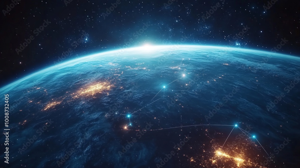 Fototapeta premium A stunning view of the Earth from space, illuminated by city lights and connected by glowing lines, representing global connectivity and the power of technology.