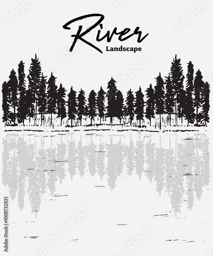 Isolated hand drawn river and reflection land scape illustration
