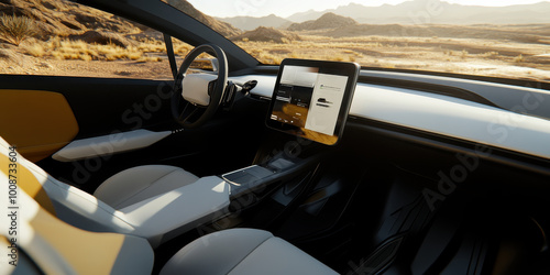 Wallpaper Mural Interior of an electric car with white leather seats and silver details, including the steering wheel and dashboard, which is equipped with multiple touchscreens displaying various information Torontodigital.ca