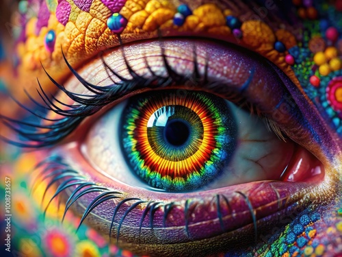 Vibrant and Colorful Close-Up of an Eye Showcasing an Intricate Pattern and Vivid Colors